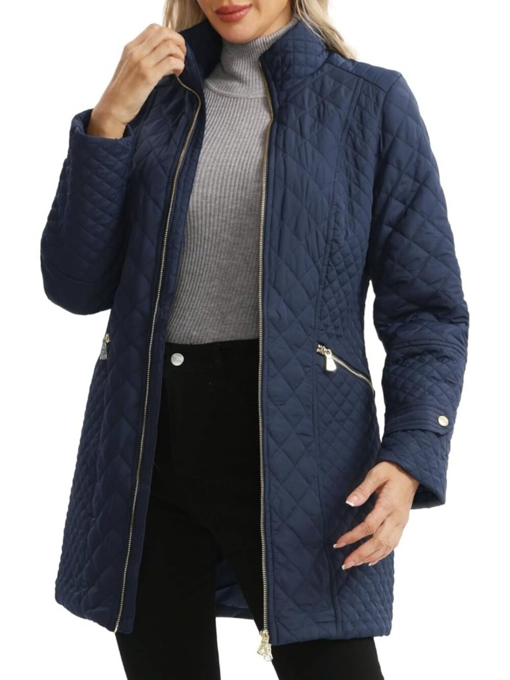 Plus Size Long Lightweight Quilted Jacket with Stand Collar for Spring & Fall